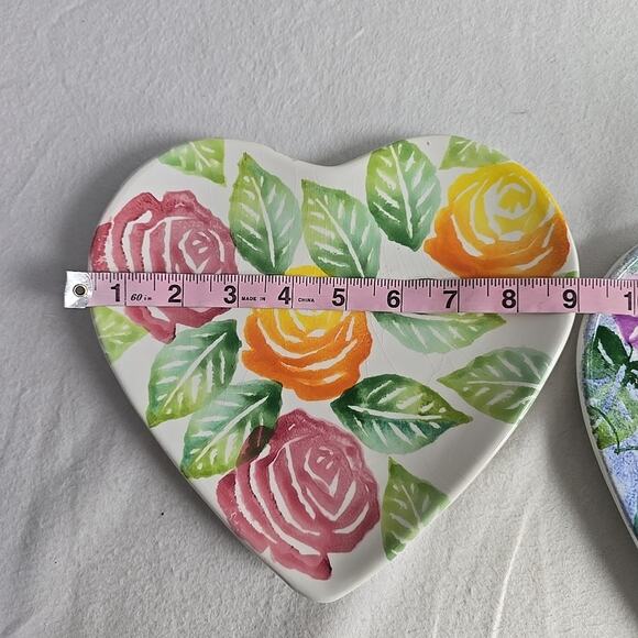Ancora Heart Trinket Dish Plate Handpainted Pink Purple Yellow Roses Petunias - Picture 6 of 6